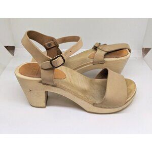 BRYN Women's Clogs High Heels Leather Tan Beige Made In America Size 39